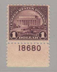 1923 $1 Lincoln Memorial Sc 571 MNH plate no. single Hebert CV $120