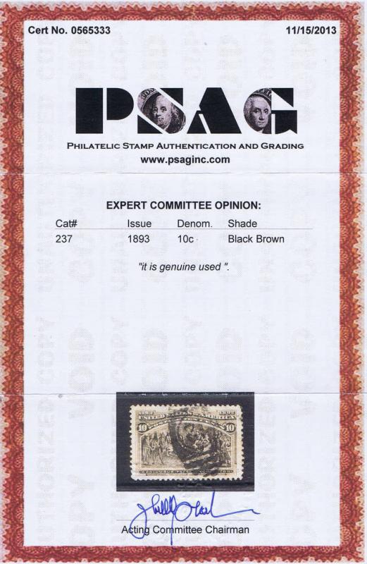 SCOTT# 237 USED 10c COLUMBIAN COLUMBUS, DUPLEX NUMERAL 12 CANCEL, PSAG CERT