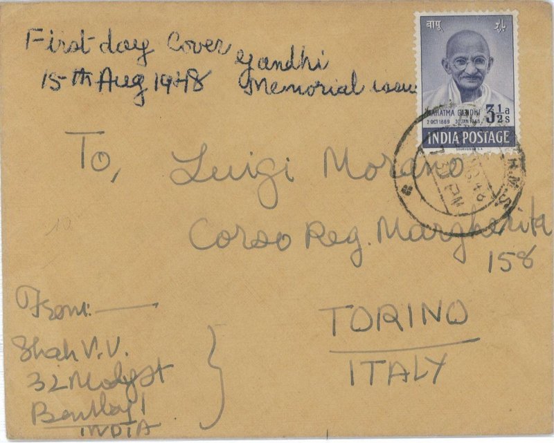 P0244 - INDIA - POSTAL HISTORY - FDC Cover to ITALY 1948 - GANDHI - Unique!-