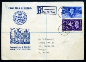 Great Britain Scott 264-65 Peace Issue Registered FDC Caernavron to Bangor