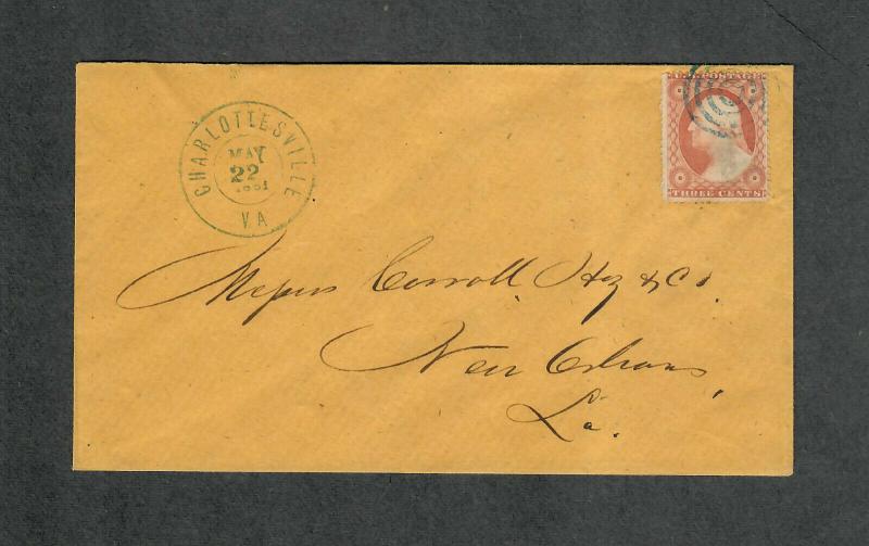 Charlottesville VA Cover May 22 1861 CSA Usage ADDR To Carroll Hoy+Co Sc#26