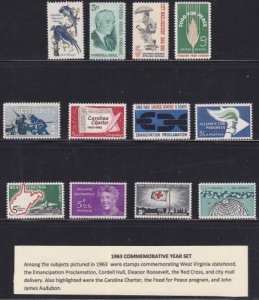 U S 1963 Commemorative Year Set (12 stamps) Mint Never Hinged