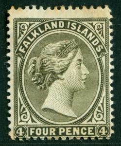 FALKLAND ISLANDS  1889  VICTORIA  4p olive gray black  Scott # 6b  MINT MH