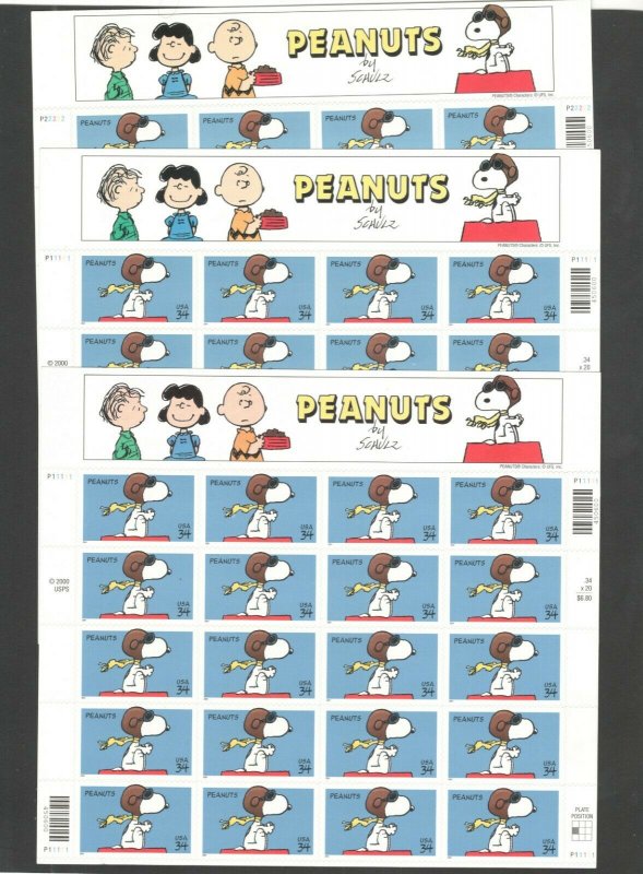 3507 Peanuts Comic Strip 3 Full Panes (60 Stamps) Mint Selling At Face