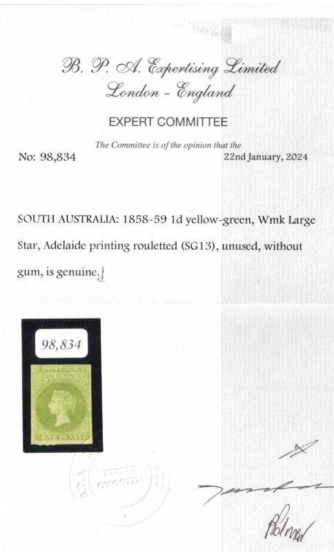 South Australia #10 (SG #13) Very Fine Mint Unused (No Gum) **With Certificate**