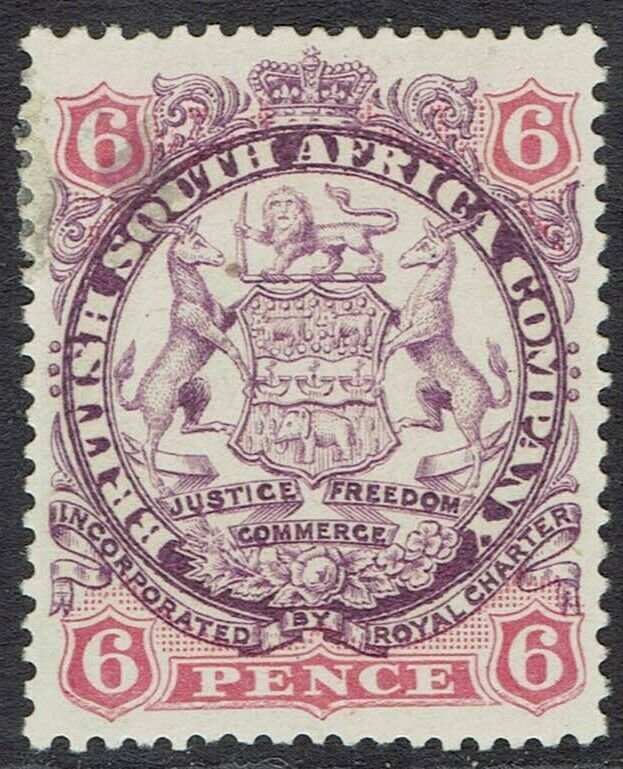 RHODESIA 1896 ARMS 6D PART SHADED LION  