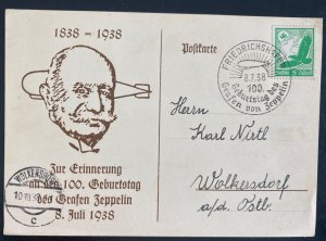 1938 Friedrichshafen Germany First Day Postcard Cover Graf Zeppelin Centenary