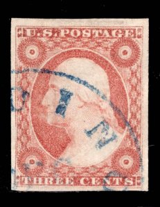 MOMEN: US STAMPS #11 USED BLUE TOWN CANCEL PSE GRADED CERT XF-SUP 95 LOT #89322