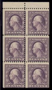 US #501b 3¢ dark violet, type I, Booklet Pane of 6, og, NH/LH, VF