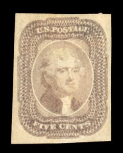 United States, 1851-57 #12TC5a Cat$300, 1851 5c trial color proof in pale bro...