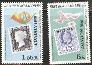Maldives Scott 797-798 MNH** stamp on stamp  London 1980 show