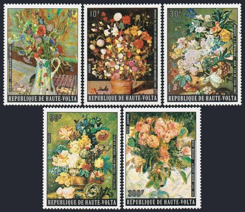 Burkina Faso 342-345,C201,C202,MNH.Mi 539-543,Bl.29. Flower paintings,1974.