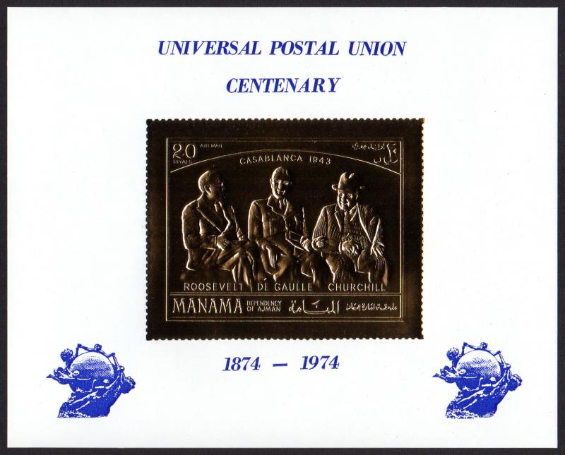 Manama Mi Block 202 (#353A) mnh  1972 UPU centenary - DeGaulle - gold foil paper