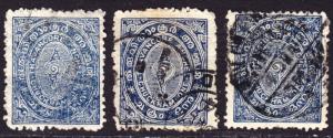 India Travancore Scott 5, three shades, F to VF used.