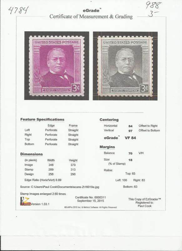 # 988 MINT NEVER HINGED SAMUAL GOMPERS VF+