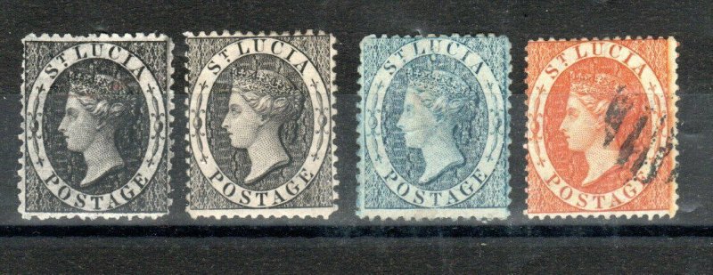 St Lucia 1d, 4d and 1s values between 1860 and 1876 MH and FU