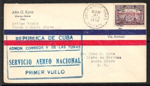 CUBA 1930 First Flight Cover Victoria De Las Tuna to Santiago Cachet Backstamped
