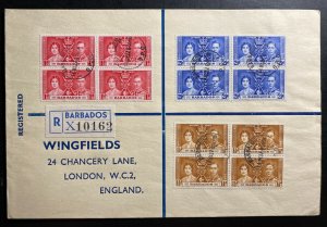 1937 Barbados First Day cover FDC To England Coronation Of king George VI Block