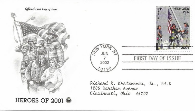 2002 FDC, #B2, Heroes of 2001, 3 diff. cachets