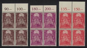 Luxembourg Europa 3v Blocks of 4 1957 MNH SG#626-628 MI#572-574