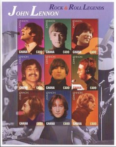 Ghana - 1995 Music Legend John Lennon - 9 Stamp Sheet MNH - Scott #1852