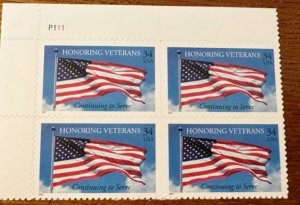 US# 3508 Flag, Honoring Veterans Plate Block 34c 2001 Mint NH