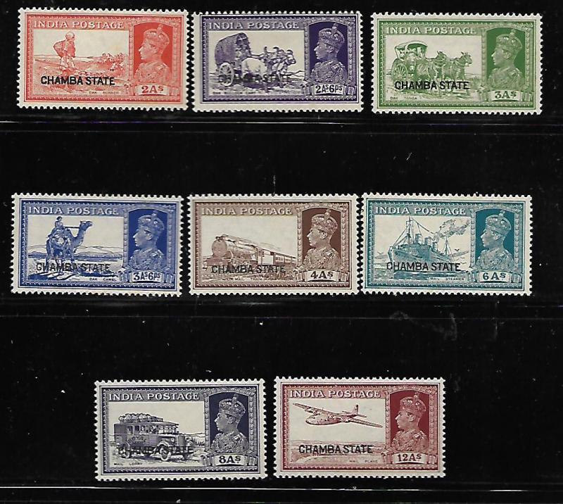 INDIA, CHAMBA STATE, 74-81 MINT HINGED OVERPRINTED STAMPS 1938