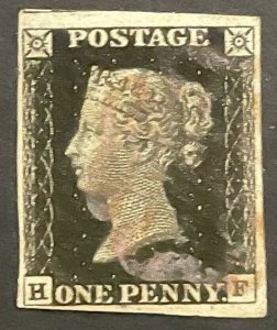 GB QV 1840 PENNY BLACK ‘HF’ PLATE 1b A RED ‘MX’ 04 CLOSE TO LG MARGIN HIGH C.V£+