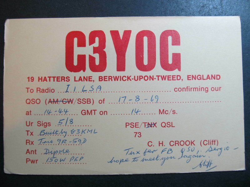 10498 Amateur Radio QSL Card BERWICK UPON TWEED ENGLAND