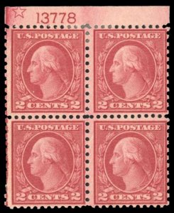 United States, 1910-30 #540 Cat$160, 1919 2c carmine rose, plate block of fou...