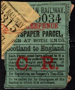 Vintage 1875 UK Revenue Caledonian Railway Company Three Pence Newspaper Parcel