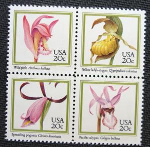 US #2076-2079 (2079a) MNH Block of 4 Orchids SCV 2.00 L10