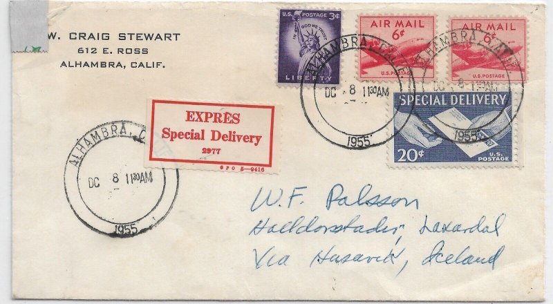 Alhambra, CA to Iceland 1955 Airmail Special Delivery (Sc #E20) (55336)