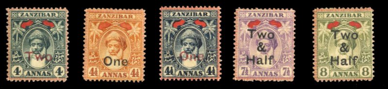 Zanzibar #94-98 Cat$77, 1904 Surcharges, complete set, hinged, some gum toning
