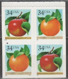 3493-94d,  BLK-4 W/PL# B1111. Apple & Orange  MNH, '.34 cent'