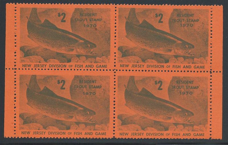 $2 Resident New Jersey Trout Stamp 1970 #35, Block of 4, ...