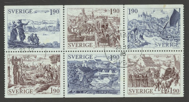 Sweden Scott 1513a Used Booklet Pane of 6 - 1984 Medieval Towns - SCV $8.25