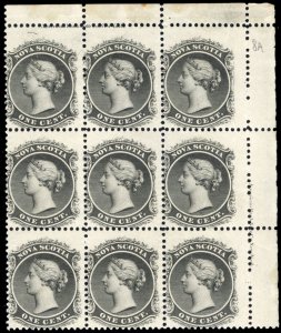 Nova Scotia #8a Cat$165, 1860 1c black, block of nine, top stamps hinged, bot...