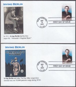 USA # 3669.3 FDC X 4 DIFF CACHETS - IRVING BERLIN, JEWISH AMERICAN COMPOSER