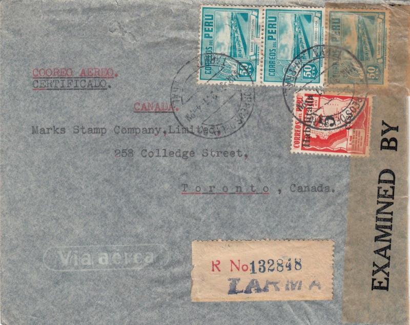 Peru 2 Registered Air Mail Covers to Canada Censored