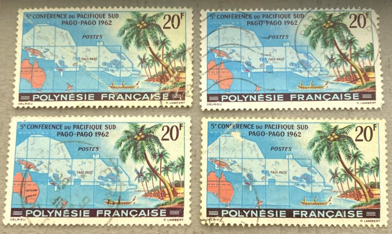 French Polynesia 198 / Lot of 4 1962 20fr Map of Australia Stamps, Used