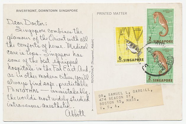 Postcard / Postmark Singapore 1962 Dear Doctor - Abbott - Sea Horse