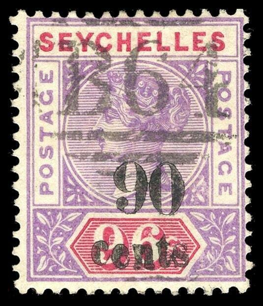 Seychelles 1893 QV 90c on 96c mauve & carmine very fine used. SG 21. Sc 26