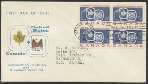 1959 #387 St Lawrence Seaway FDC Block PhilaCoin Cachet Ottawa