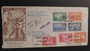 1940 Air Mail First Day Cover Nicaragua Will Rogers FDC Managua Los Angeles CA