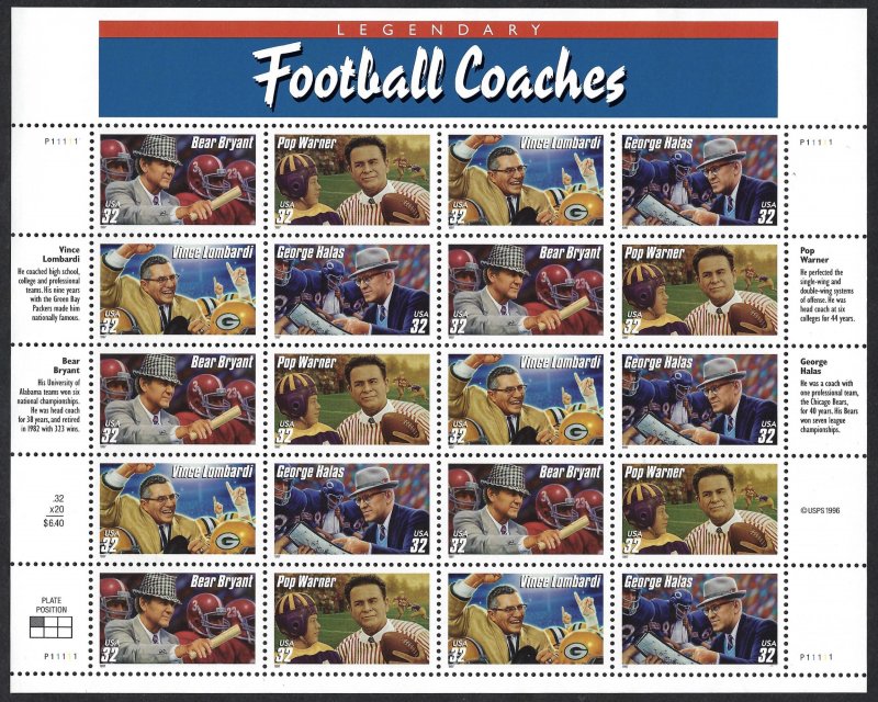 United States #3143-3146 32¢ Legendary Football Coaches (1997). Mini-sheet. MNH