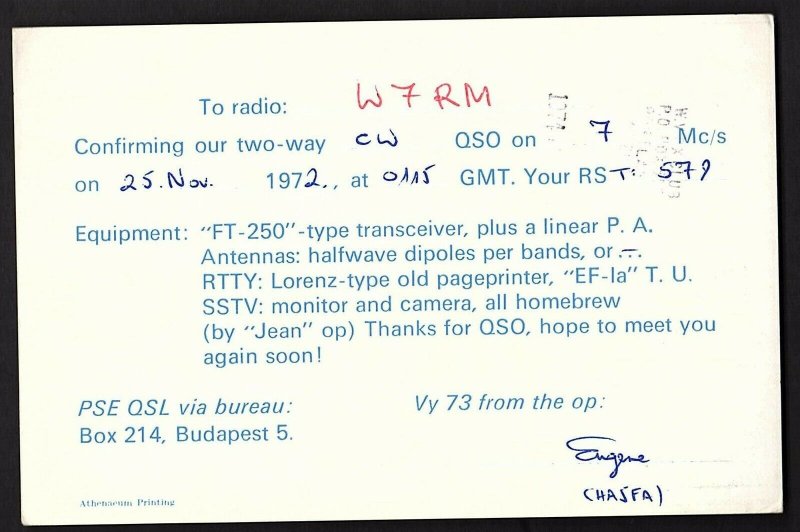 QSL QSO RADIO CARD HA5KFA/Budapest/1972, Hungary (Q2180)