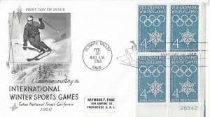 1960 FDC, #1146, 4c Winter Olympic Games, Art Craft, plate block of 4