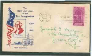 US 854 1939 3c Washington's first Inauguration (150th anniv) single on an addressed first day cover with a Holland cachet.