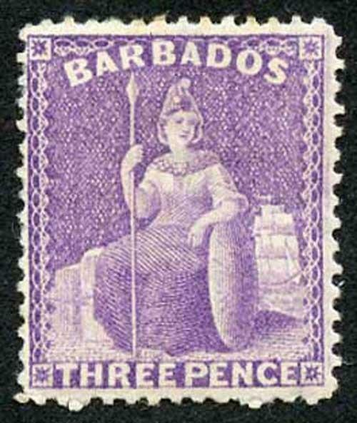 Barbados SG75 3d mauve perf 14 wmk Crown CC M/Mint Cat 170 pounds Fresh